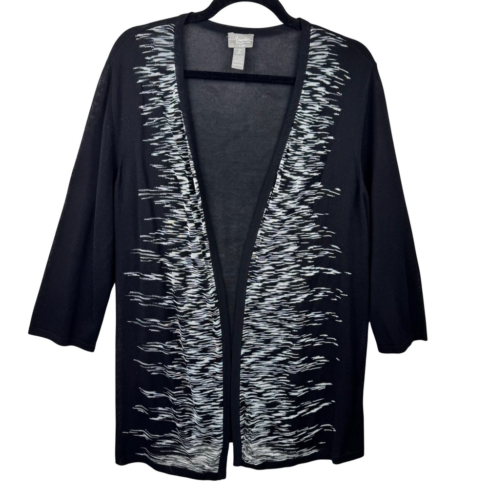 Chicos Travelers Cardigan Womens 2 Large Black White Abstract Open Front - Picture 1 of 9